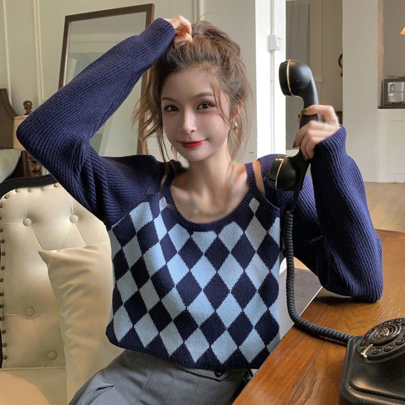 Áo sweater dệt kim tay dài phối màu thời trang cho nữ