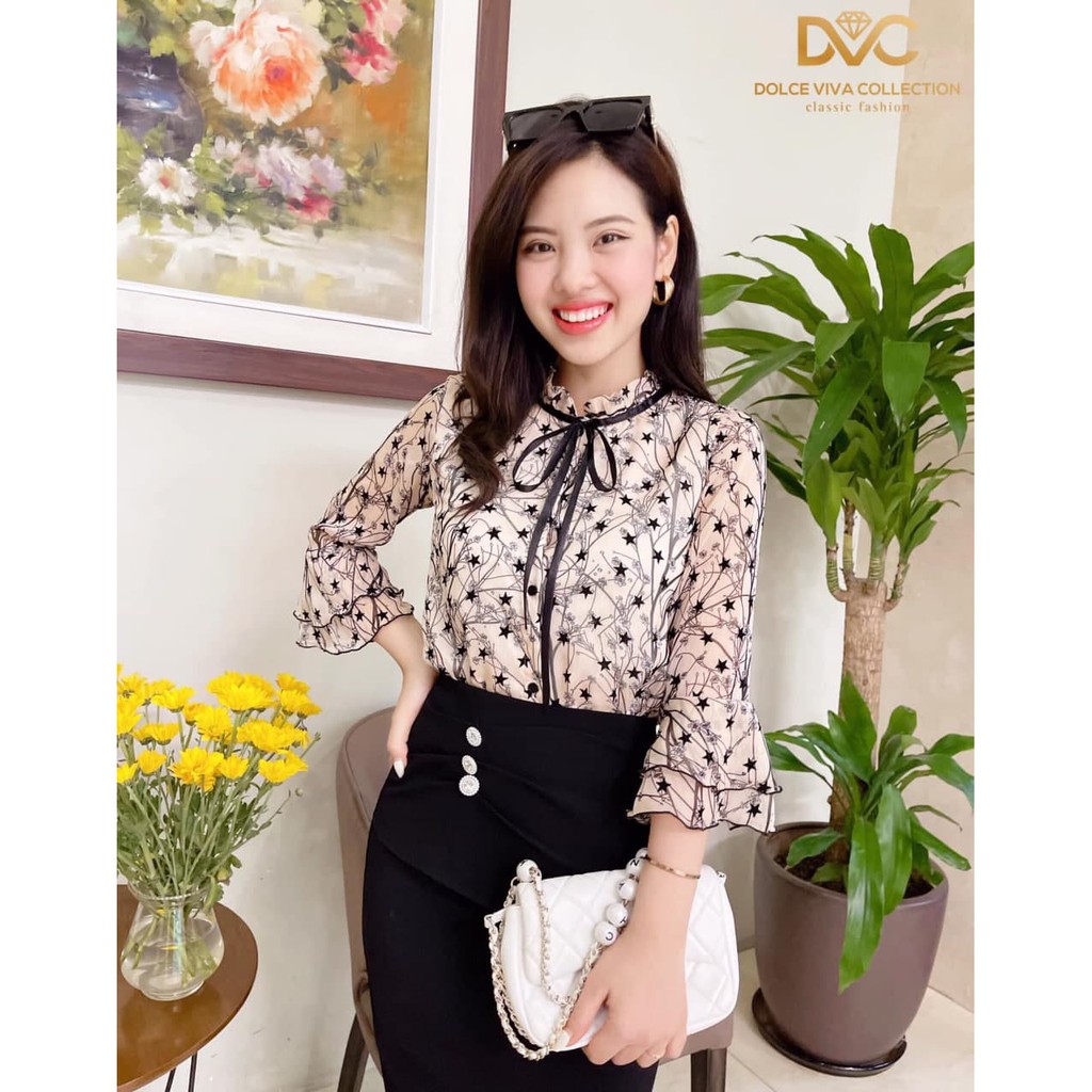 Set thiết kế áo cổ tròn bèo kết hợp chân váy bút chì thanh lịch S1992_Daly Fashion [Kèm ảnh thật]