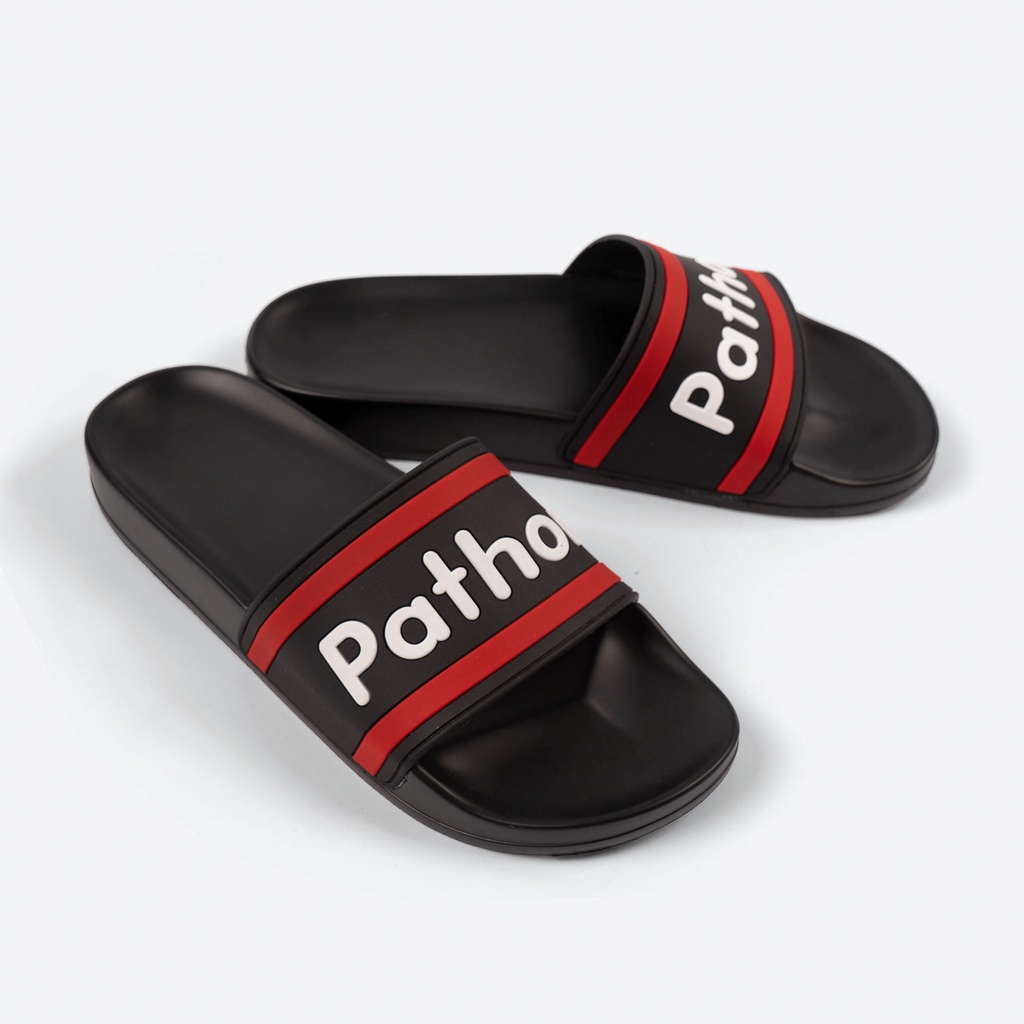 Dép nam nữ quai ngang slipper Pathon PVC và đế PU đen quai sọc đỏ đen in chữ Pathon SD45