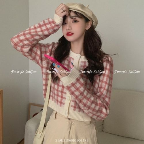 Áo len croptop dệt kim họa tiết caro tay dài cổ tròn phong cách hàn quốc 21ALU10A961902 | BigBuy360 - bigbuy360.vn