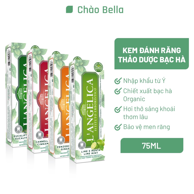 Kem Đánh Răng Thảo Dược Nhập Khẩu Ý (Bạc Hà &amp; Các Loại Thảo Mộc) L'Angelica | Thơm Miệng, Ngừa Sâu Răng &amp; Ê Buốt (75ml)