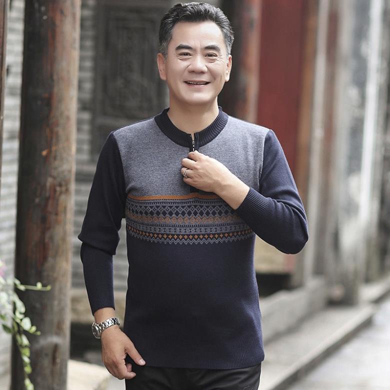 Áo khoác nam bố dây kéo nửa chiều cao thu đông len ông nội ấm áp cho người trung niên và tuổi -hj8