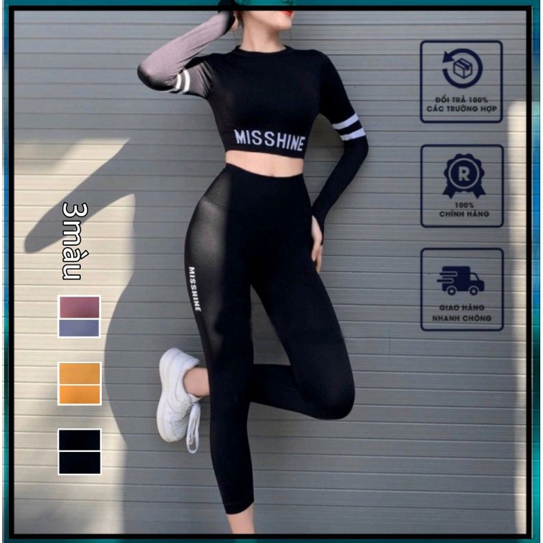 Đồ tập gym nữ MISSSHINE, Quần lửng Áo croptop tay dài, chất dệt kim hàng cao cấp