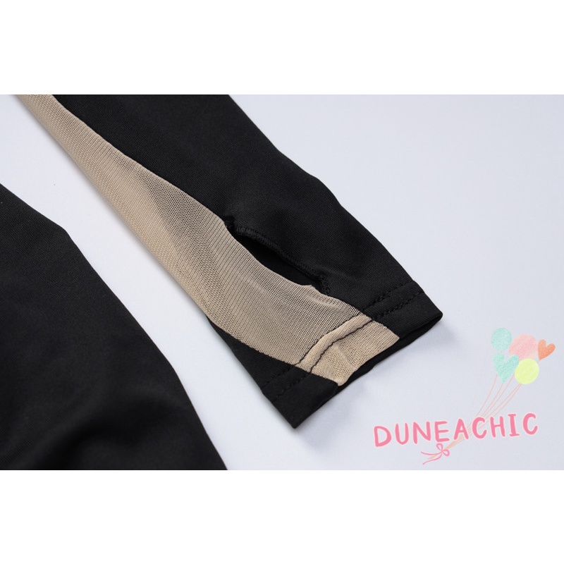 DUNEA Đầm Dài Tay Cổ Tròn Phối Lưới Hở Lưng Gợi Cảm Cho Nữ