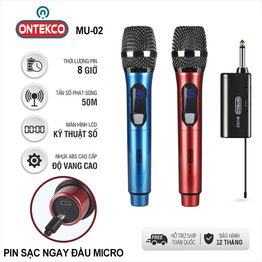 Micro hát karaoke chất liệu thép - míc hát chuyên nghiệp Ontekco Mu02 màu xanh đỏ không dây