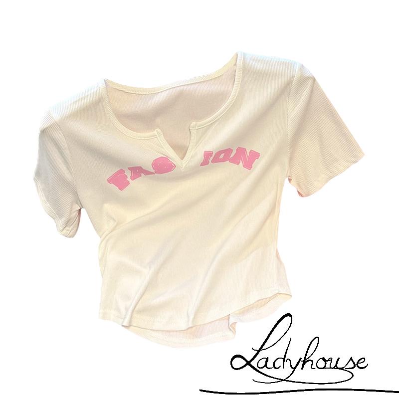 Áo Thun Ngắn Tay Cổ Chữ V In Chữ Đơn Giản Cho Nữ