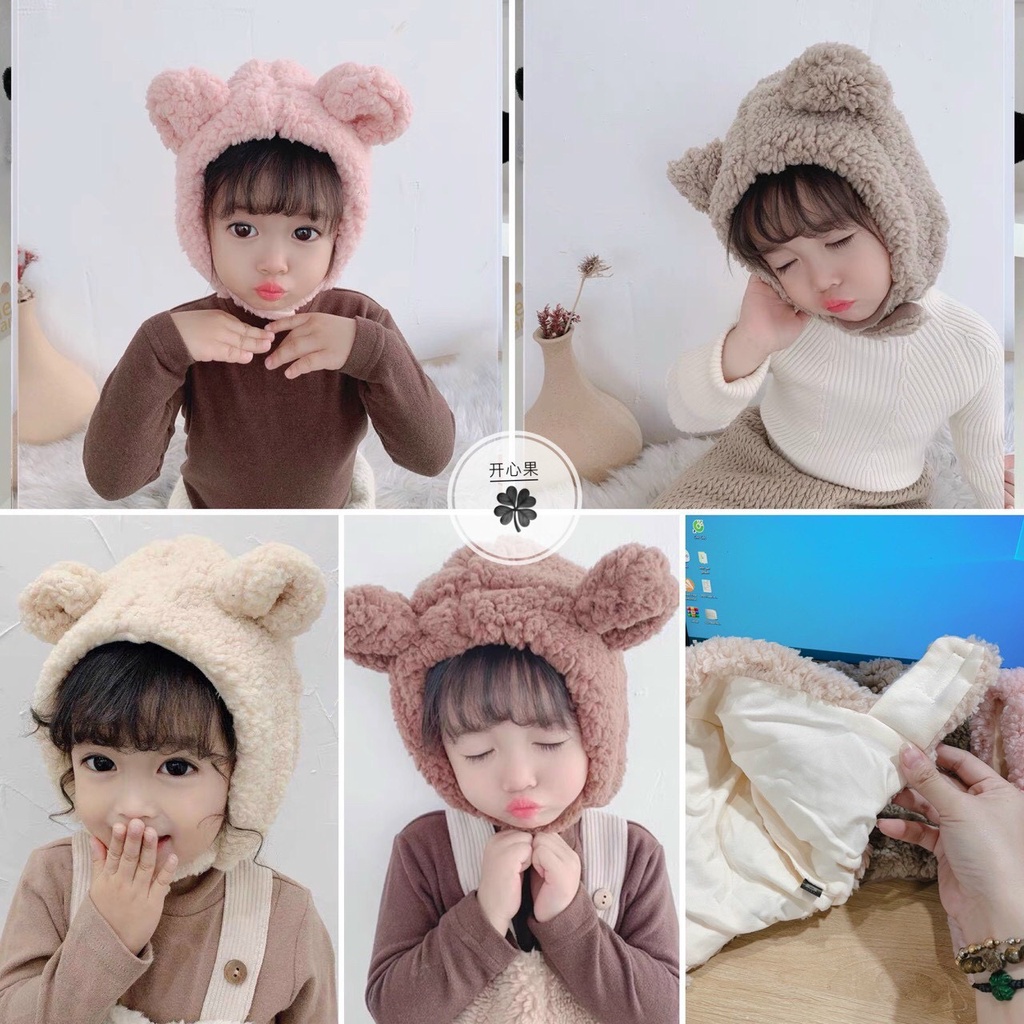 Mũ lông cừu cài cúc kín cổ có tai gấu cho bé trai và bé gái