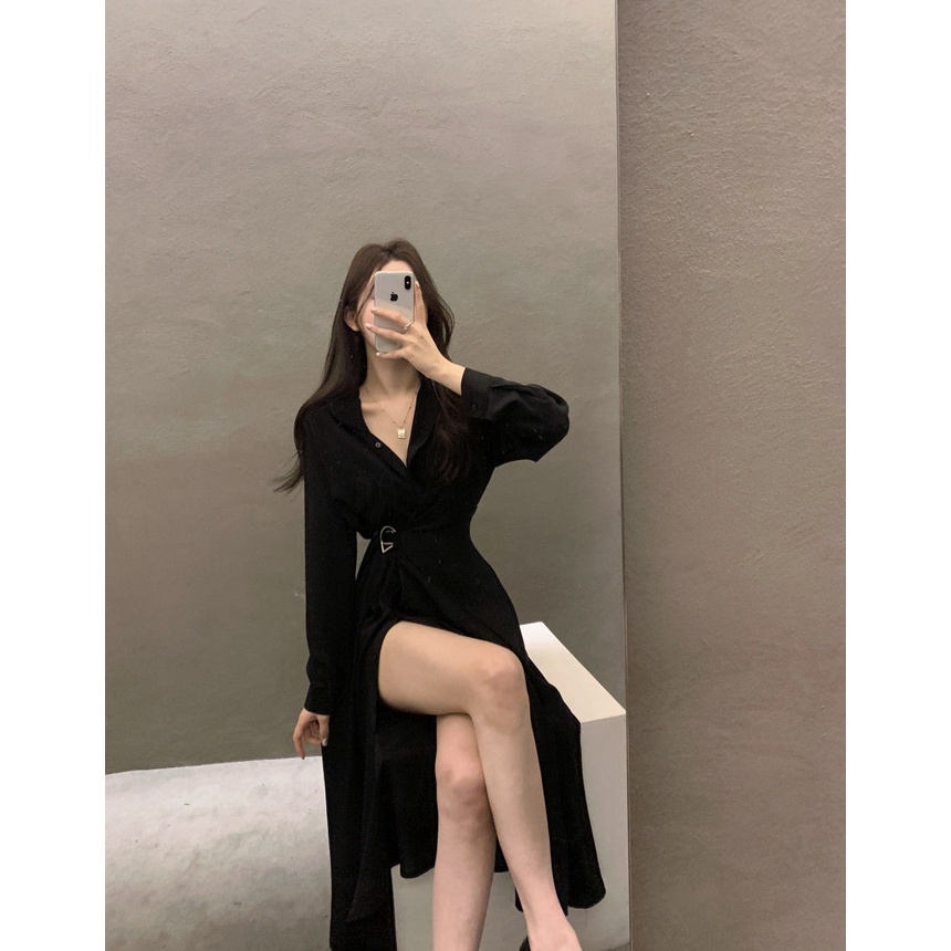 Đầm Sơ Mi Nữ Tay Dài Buộc Eo Thời Trang Hàn Quốc
