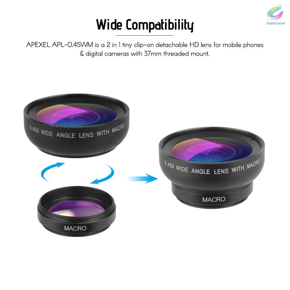 FY APEXEL APL-0.45WM Phone Lens Kit 0.45X Super Wide Angle & 12.5X Super Macro Lens HD Camera Lenses with Lens Clip for iPhone Samsung Huawei Xiaomi More Smartphone
