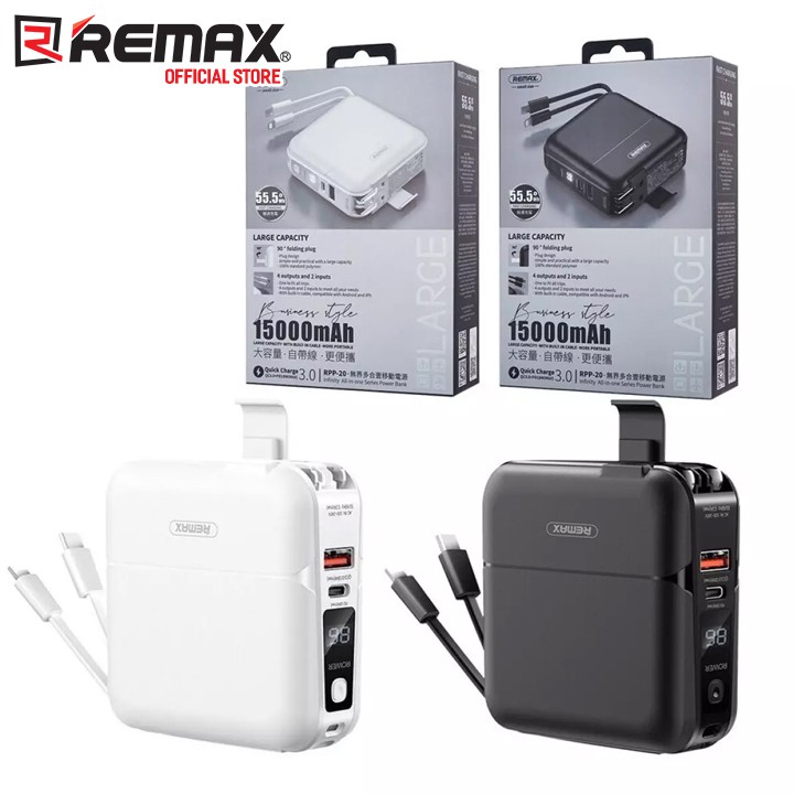 Cốc sạc nhanh kiêm pin dự phòng Remax RPP-20 Infinity All In One 15000mAh tích hợp cáp sạc Type C, Lightning và giá đỡ