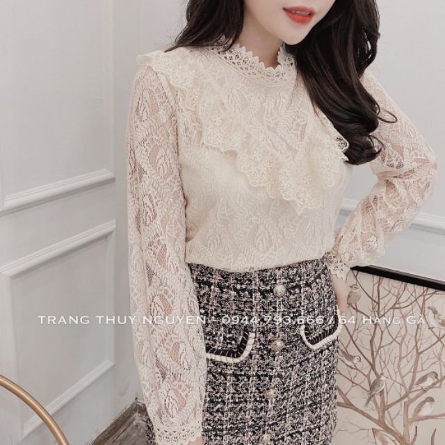 Áo ren phối bèo V mềm mại [Kèm hình thật]