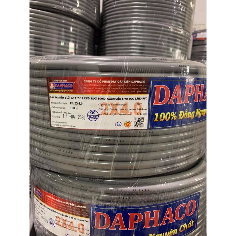 FREE SHIP  CUỘN DÂY ĐIỆN ĐÔI BỌC XÁM DAPHACO 2x4.0 (100 MÉT)