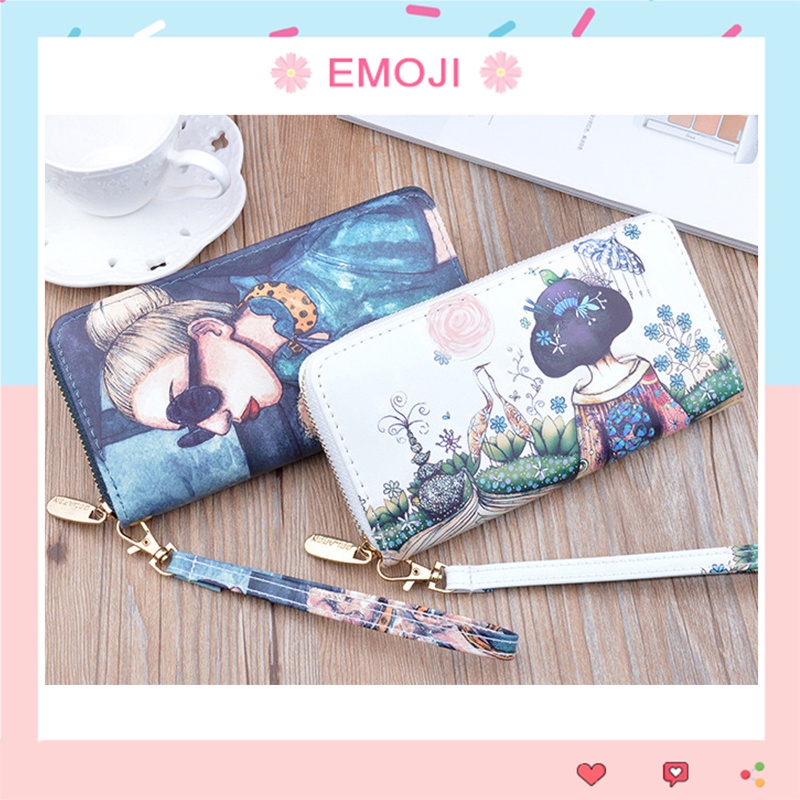 Ví nữ đẹp dáng dài cầm tay họa tiết độc đáo cô gái phong cách Hàn Quốc nhiều ngăn có khóa kéo đựng vừa điện thoại VD001