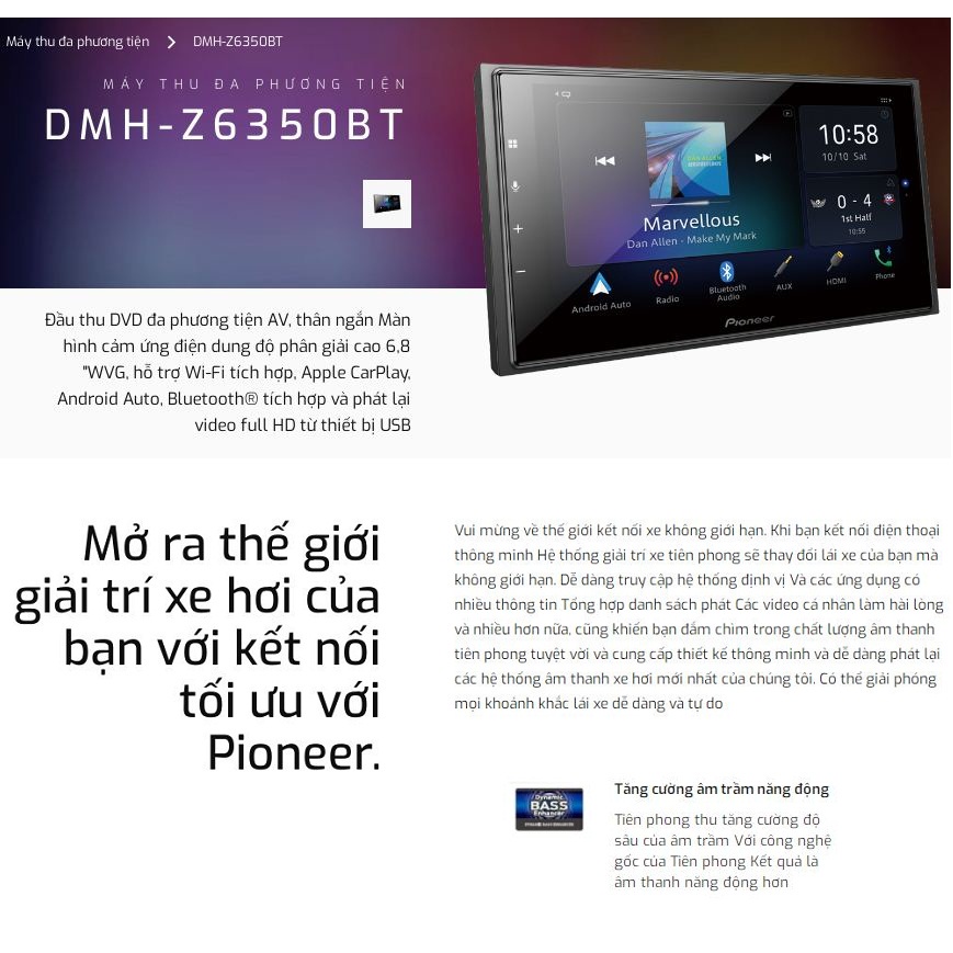 PIONEER DMH-Z6350BT Màn hình cảm ứng 6,8 inch 2DIN hệ thống nghe nhìn Hi Res Audio/Full HD