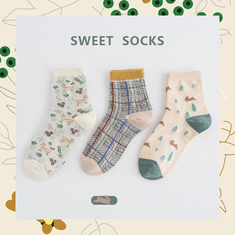 Set 3 đôi tất cổ cao Bivota vớ nữ cotton thu đông họa tiết siêu xinh T103