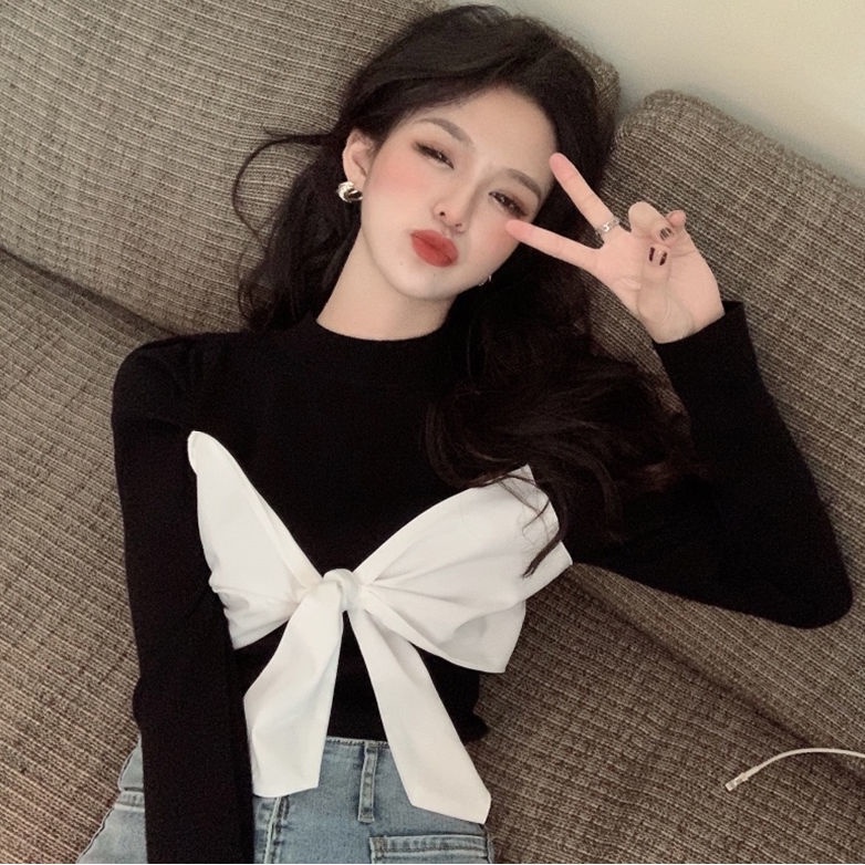 Áo Thun Ngắn Tay Đính Nơ Màu Tương Phản Thời Trang Cho Nữ