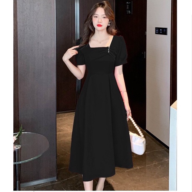 Đầm Váy Thiết Kế Đi Tiệc MAIHOUSE Nhún Ngực Cổ Vuông Tay Phồng Dáng Xoè Chất Cotton Màu Đen , Xanh , Đỏ - D2408