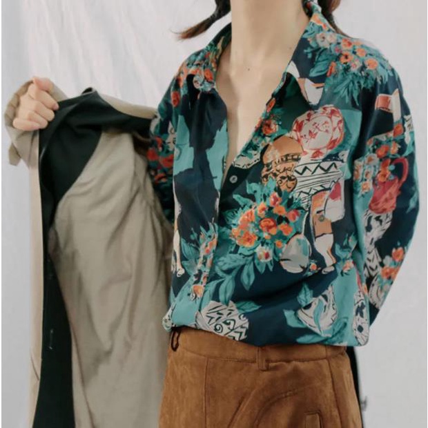 Áo Sơ Mi Nữ Dáng Rộng In Hình Tranh Sơn Dầu Nghệ Thuật Kiểu Vintage