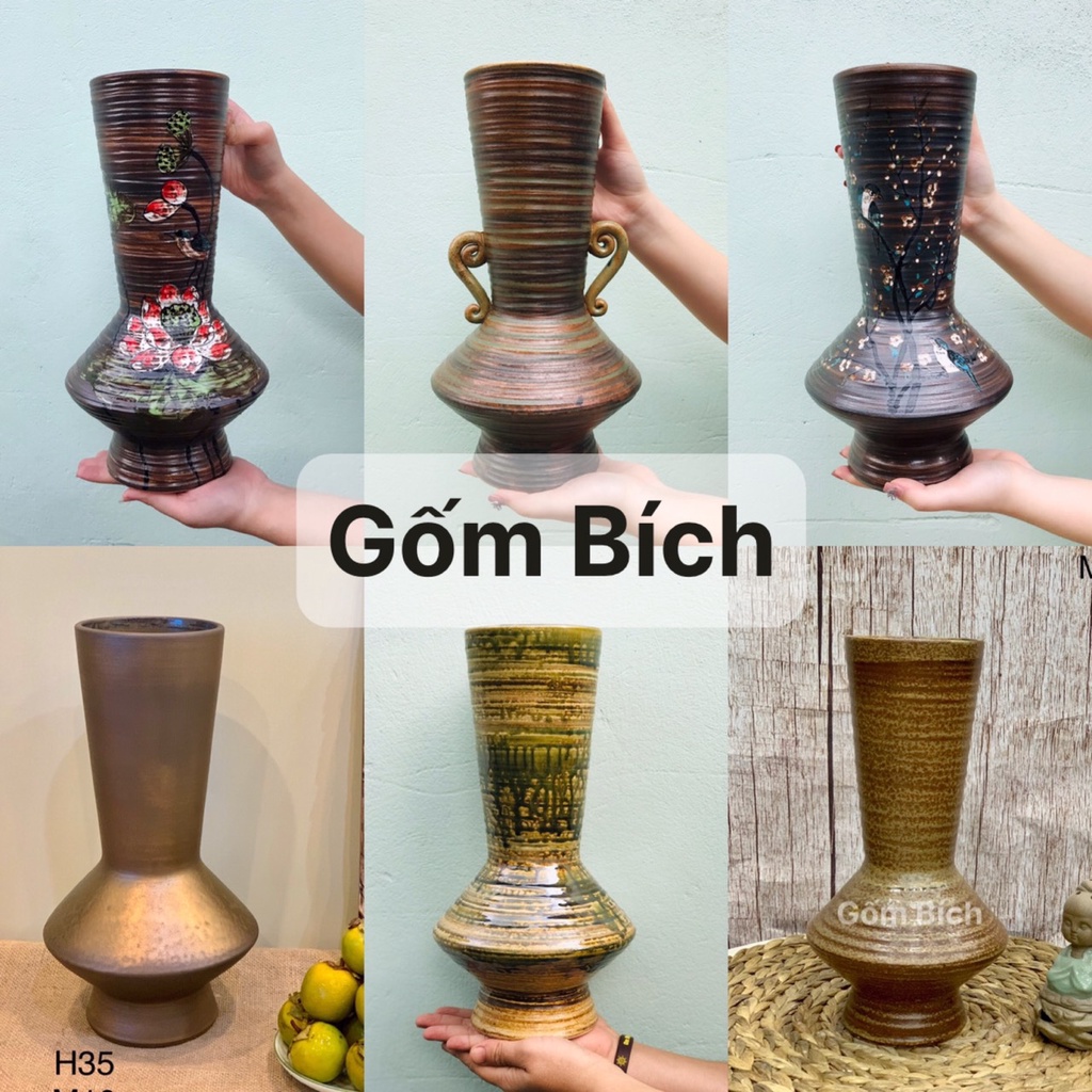 Bình Hoa Lọ Hoa Dáng Đèn Cầy Men Mộc Cao 35cm Gốm Sứ Bát Tràng - Gốm Bích