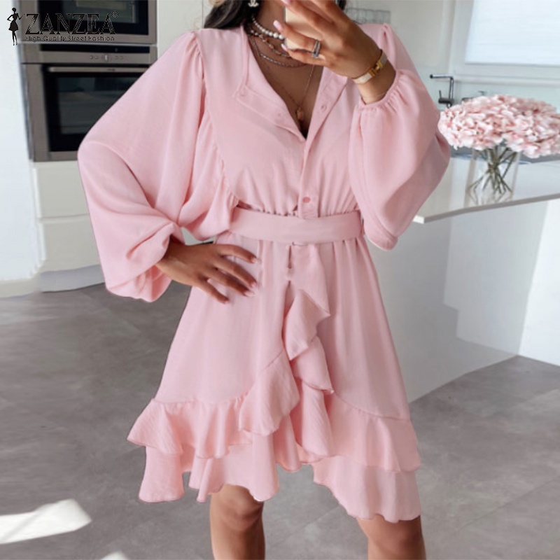 Đầm mini Zanzea cổ tròn tay phồng xếp ly thời trang cho nữ