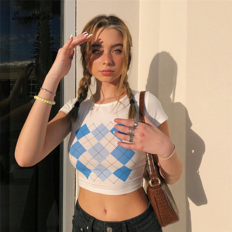 Áo Croptop Cổ Tròn Tay Ngắn Dáng Ôm In Họa Tiết Caro Thời Trang Cho Nữ