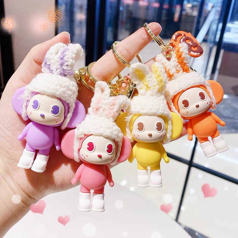 Móc khóa Khỉ Tai Thỏ Nón Len siêu dễ thương, chắc chắn, màu sắc sặc sỡ Hàng Loại 1 (Hàng Taobao Có Sẵn)