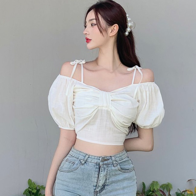 Áo Sơ Mi Trễ Vai Tay Ngắn Cột Dây Thời Trang Quyến Rũ Dành Cho Nữ