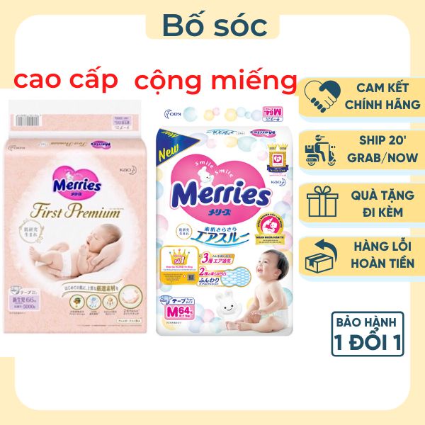 Merries Cộng Miếng - Tã Merries First Premium - Size Dán/Quần NB96/S88/M68/M64/L58/L50/XL44