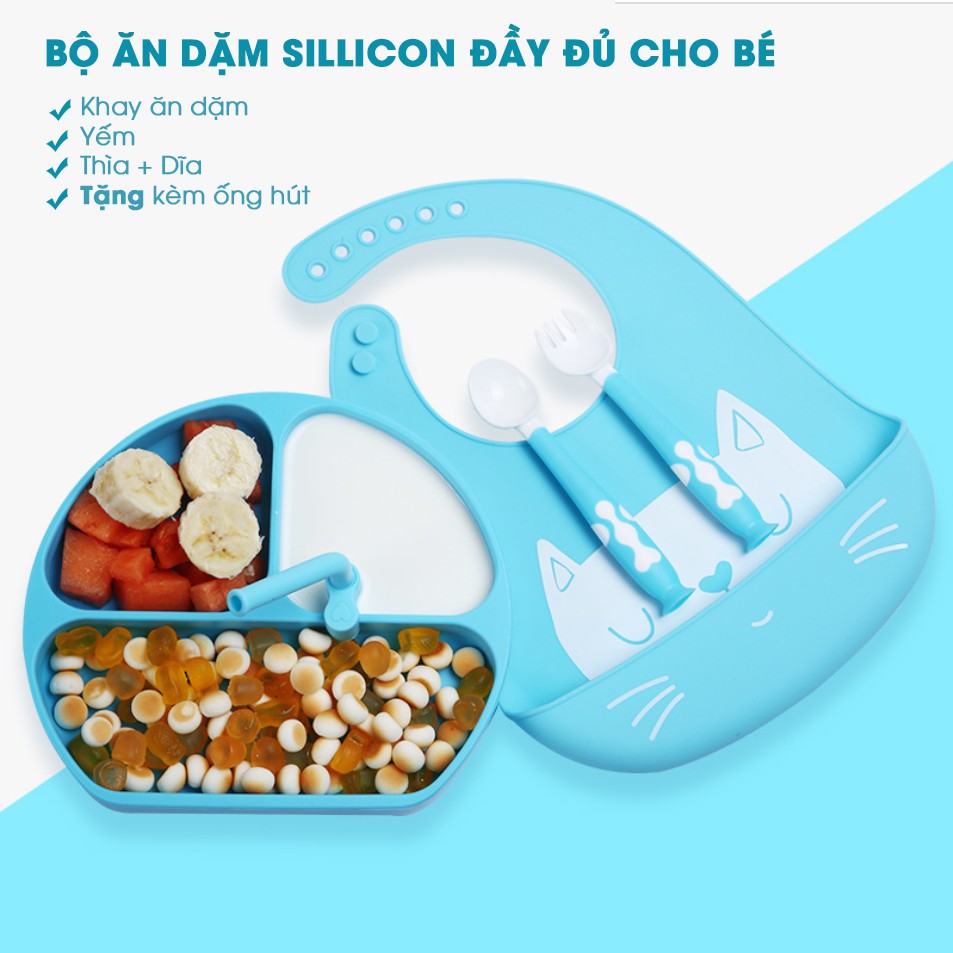 Khay ăn dặm Silicon cho bé cao cấp có đế hút chân không, chống đổ. Khay ăn dặm Silicon chịu nhiệt