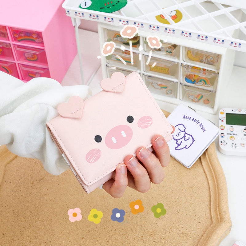 Ví Da Mềm Gấp Ba Đa Năng In Hình Heo Hoạt Hình Phong Cách Hàn Quốc Dành Cho Nữ