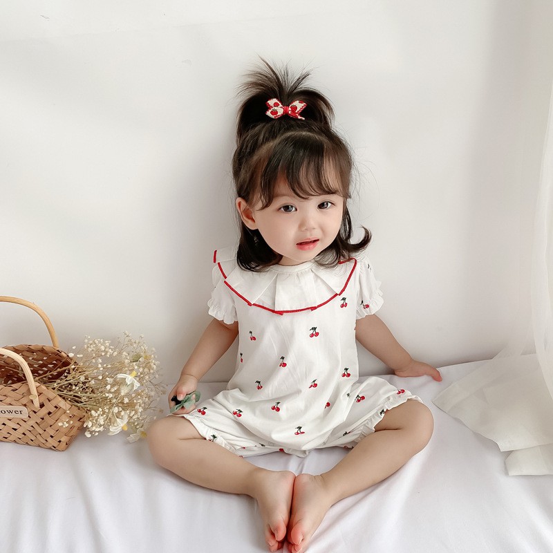 Cho bé bodysuit ngắn tay mùa hè mỏng Búp Bê Cổ Cherry 0-1 tuổi bé gái quần áo quần áo mặc bên ngoài