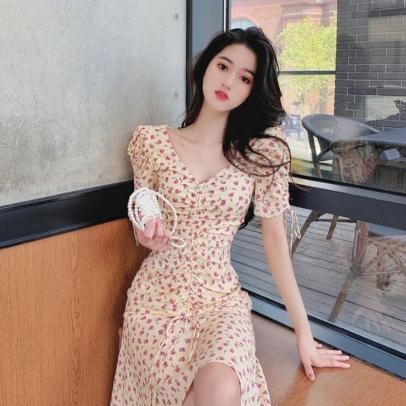 M114 - Váy hoa body Ulzzang cổ V dây rút nơ phần thân đuôi cá dáng dài và ngắn (2 mẫu)