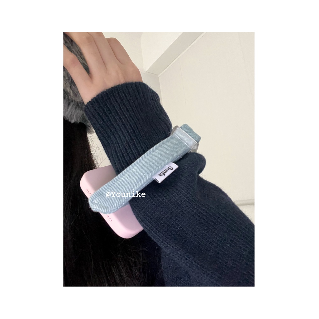 Ốp Điện Thoại Mềm Có Dây Đeo Tay Vải Denim Màu Hồng Kem Cho 13pro / 14promax / 12 / 11