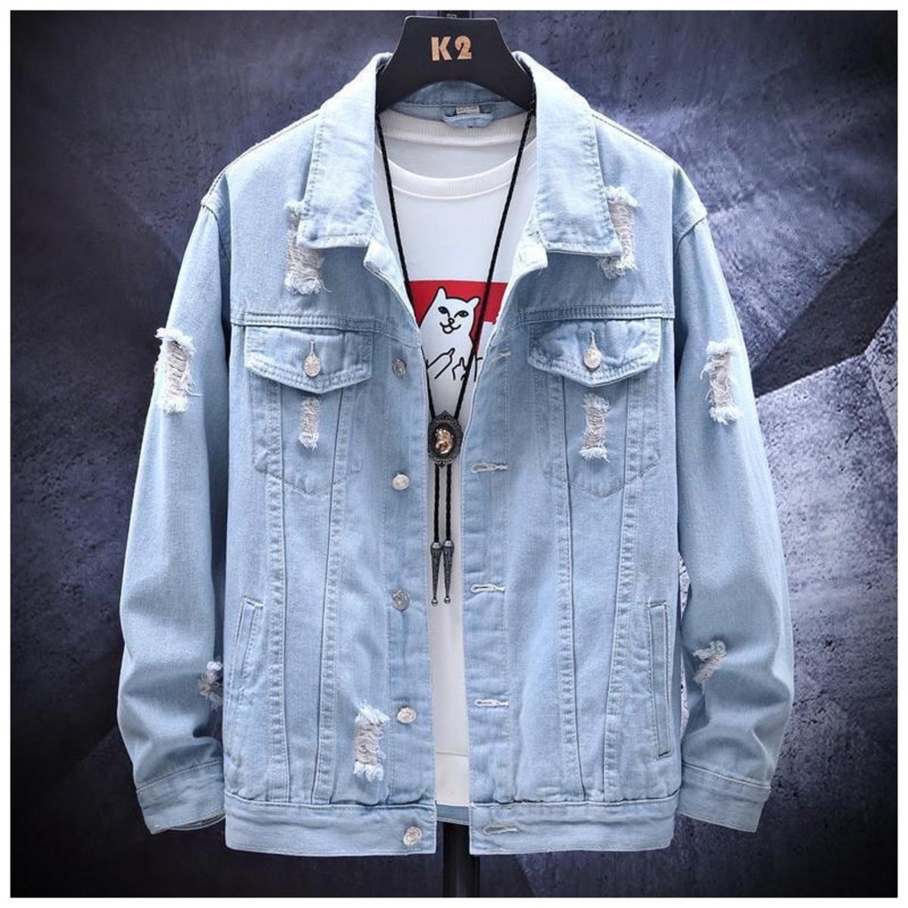 Áo khoác Jeans nam cao cấp cực chất - Thoitrangtre2022 - Áo bò rách phong cách Hàn Quốc có túi cá tính hot nhất hiện nay