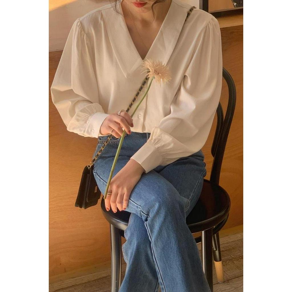 Áo sơ mi tay dài cổ chữ V phong cách thời trang mùa hè