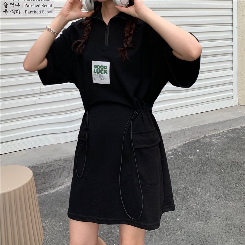 Đầm Perty thiết kế tay ngắn cổ polo có dây rút in chữ thời trang Hàn Quốc cho nữ