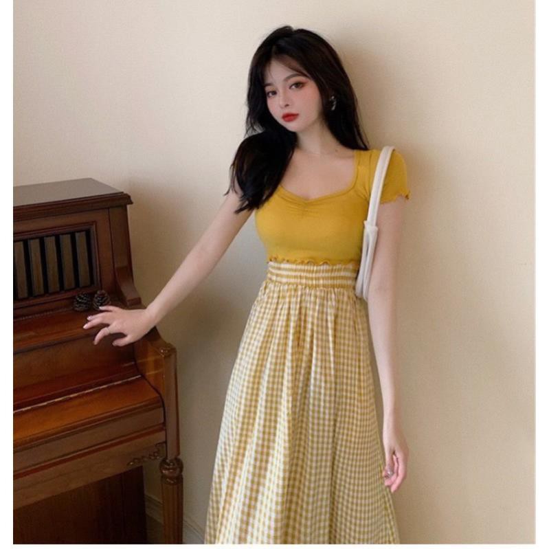 Set Váy Nữ, Set áo thun mix chân váy caro xoè hàng Qc loại 1 | BigBuy360 - bigbuy360.vn