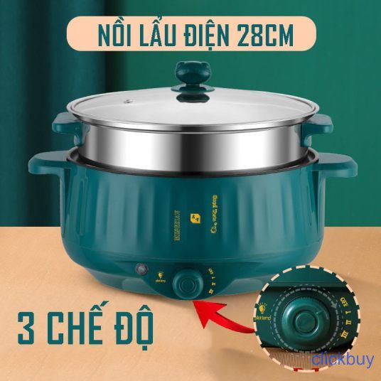 Nồi Lẩu Điện CHỐNG DÍNH Đa Năng 3 Chế Độ Kèm Giá Hấp Inox 28Cm