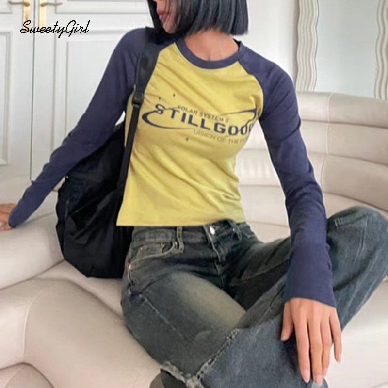 Áo Thun Tay Dài Cổ Tròn Dáng Ôm In Chữ Phối Màu Tương Phản Thời Trang 2022 Cho Nữ