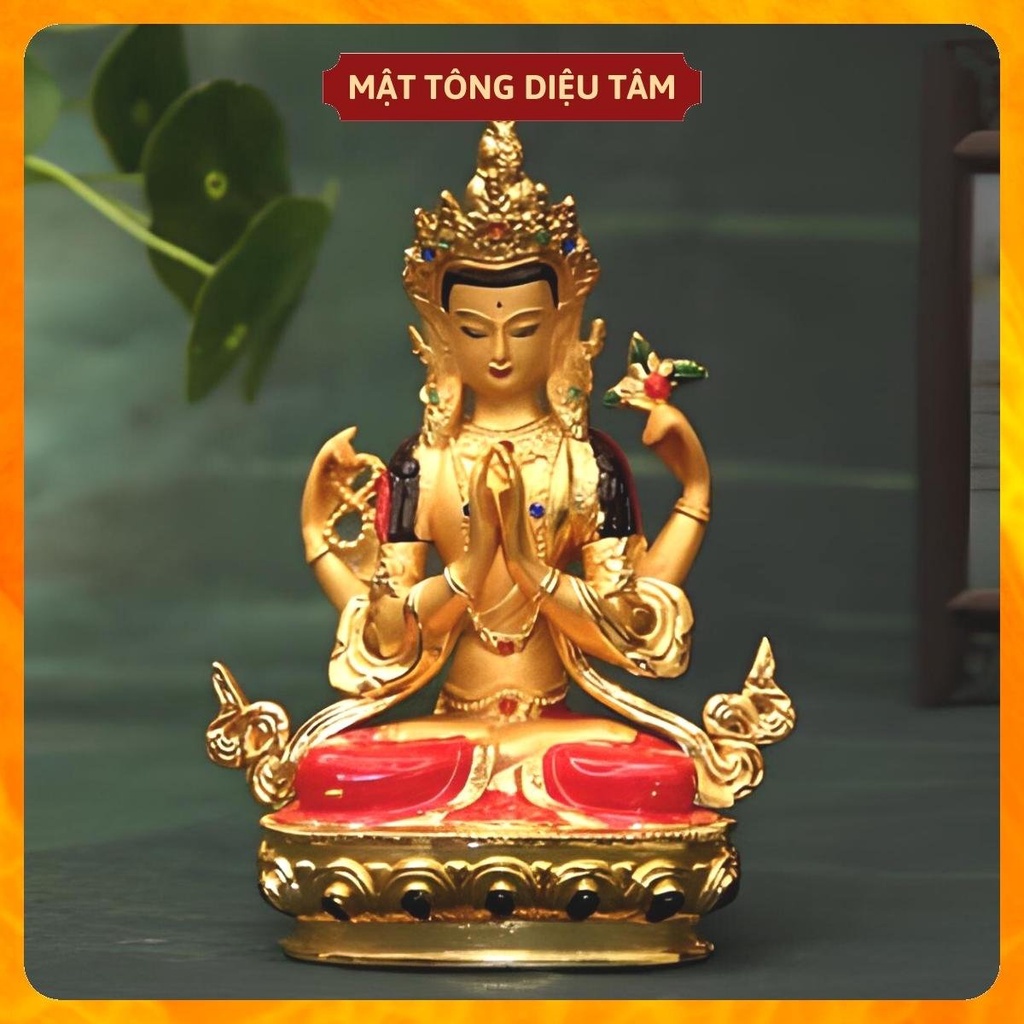 Tượng phật quan âm tứ thủ thờ cúng mật tông , tượng phật để ô tô mẫu QA màu 14,5cmvẽ tay Tây Tạng