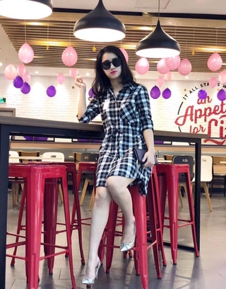 Váy sơ mi kẻ chất thô đũi Nữ
