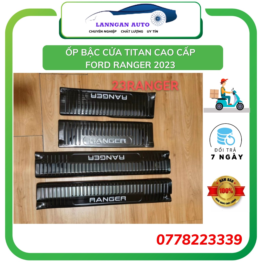 Ốp Bậc Cửa xe Ford Ranger 2016-2023, Nẹp bước chân ô tô Chất liệu Titan cao cấp, có sẵn keo 3M để dán