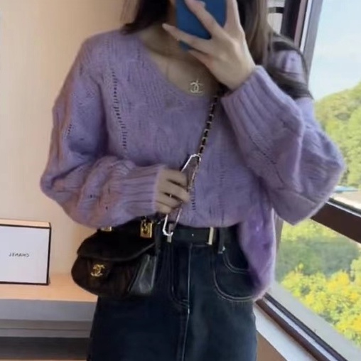 ZHELIHANGFEI Áo Len Tay Dài Cổ Chữ V Form Rộng Dễ Phối Đồ