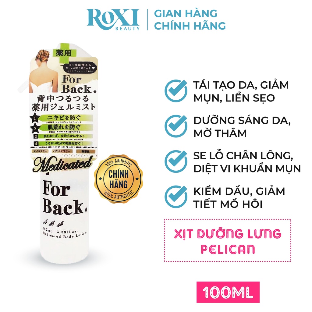 Xịt mụn lưng For Back ROXI Beauty xịt giảm viêm lỗ chân lông, mụn lưng hiệu quả Pelican Nhật Bản 100ml