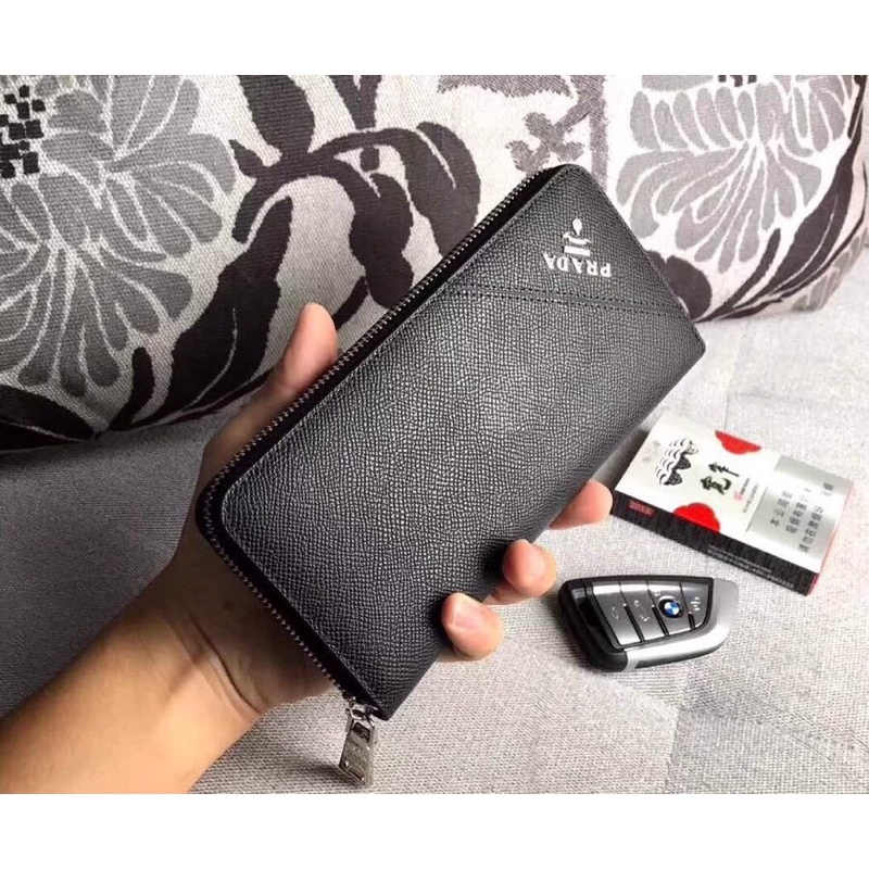 Bóp/ví dài kéo khoá nhiều ngăn da thật cao cấp logo thương hiệu Prada màu đen trơn