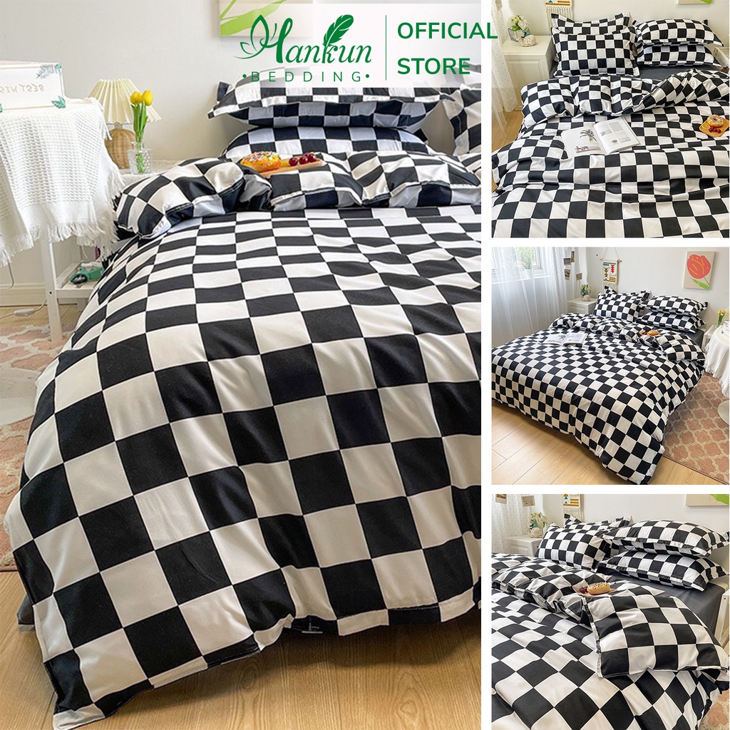 Bộ 4 món chăn ga gối cotton poly Hankun nhập khẩu hoạ tiết bàn cờ đen trắng