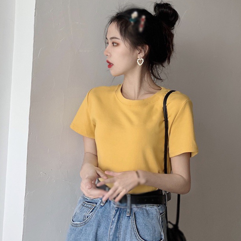 Áo Thun Ngắn Tay Màu Trơn Đơn Giản Cho Nữ