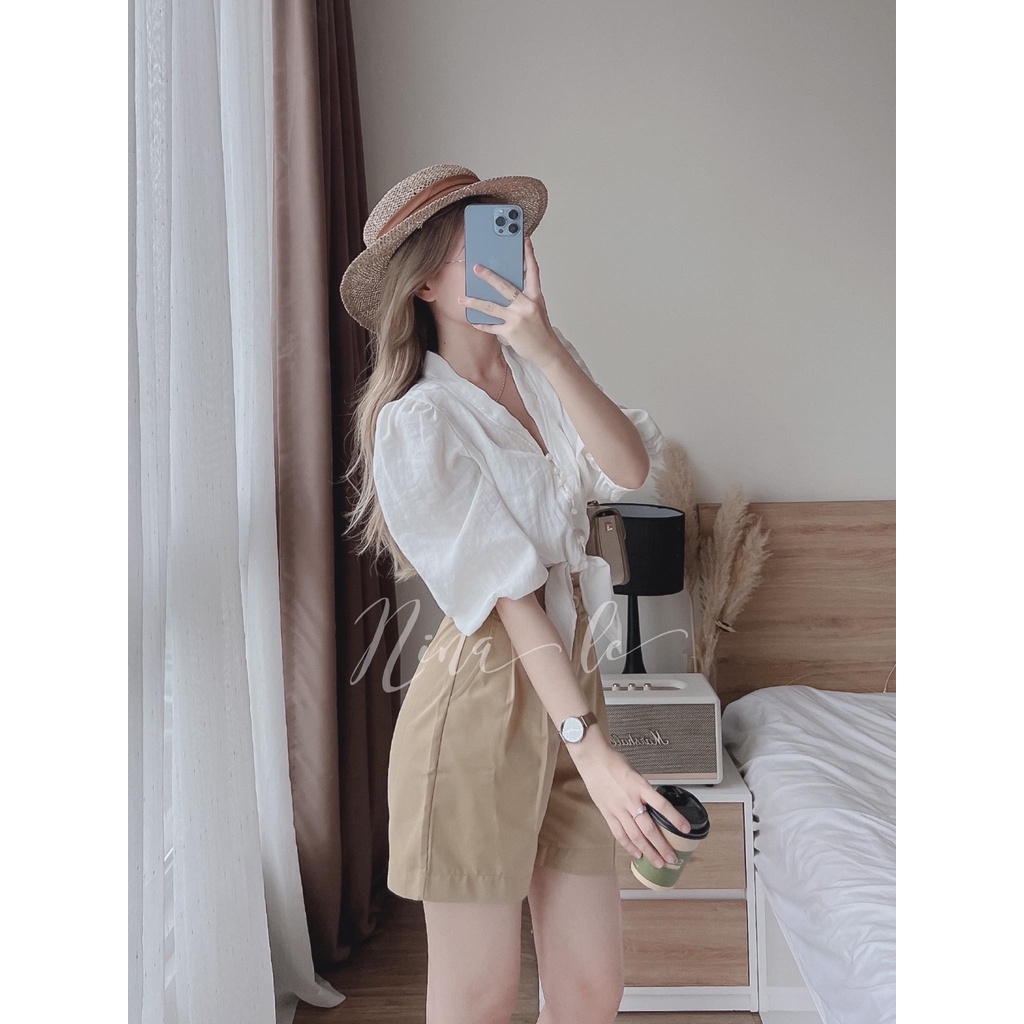 Sét bộ đồ nữ áo sơ mi tay lửng kết cườm phới quần đùi ống rộng xinh xắn giúp nàng nổi bật đi chơi, đi biển