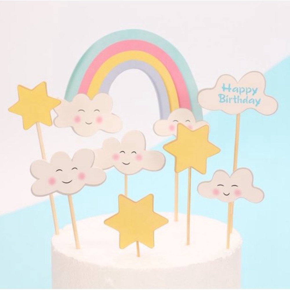 1 Set Phụ Kiện Thẻ Trang Trí Bánh Kem Sinh Nhật Hình Hoa/Mặt Cười/Đám Mây/Cầu Vồng Dễ Thương