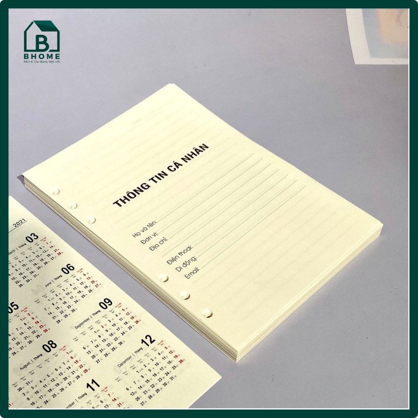 Ruột Sổ Còng A5 6 lỗ, Giấy Refill A5, Giấy kem ngà chống lóa, Có lịch năm 2021-2022, Thông Tin Cá Nhân